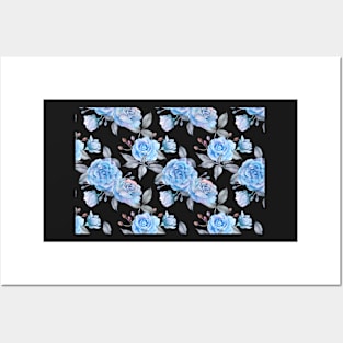 Blue rose, watercolor patterned background Posters and Art